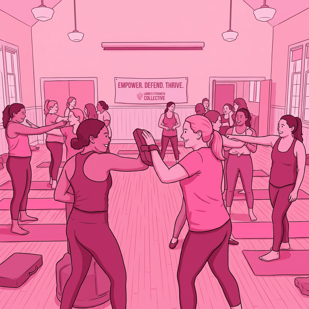 Women in a self-defense class with a sign reading "EMPOWER. DEFEND. THRIVE. KOREKTS STRENGTH COLLECTIVE".